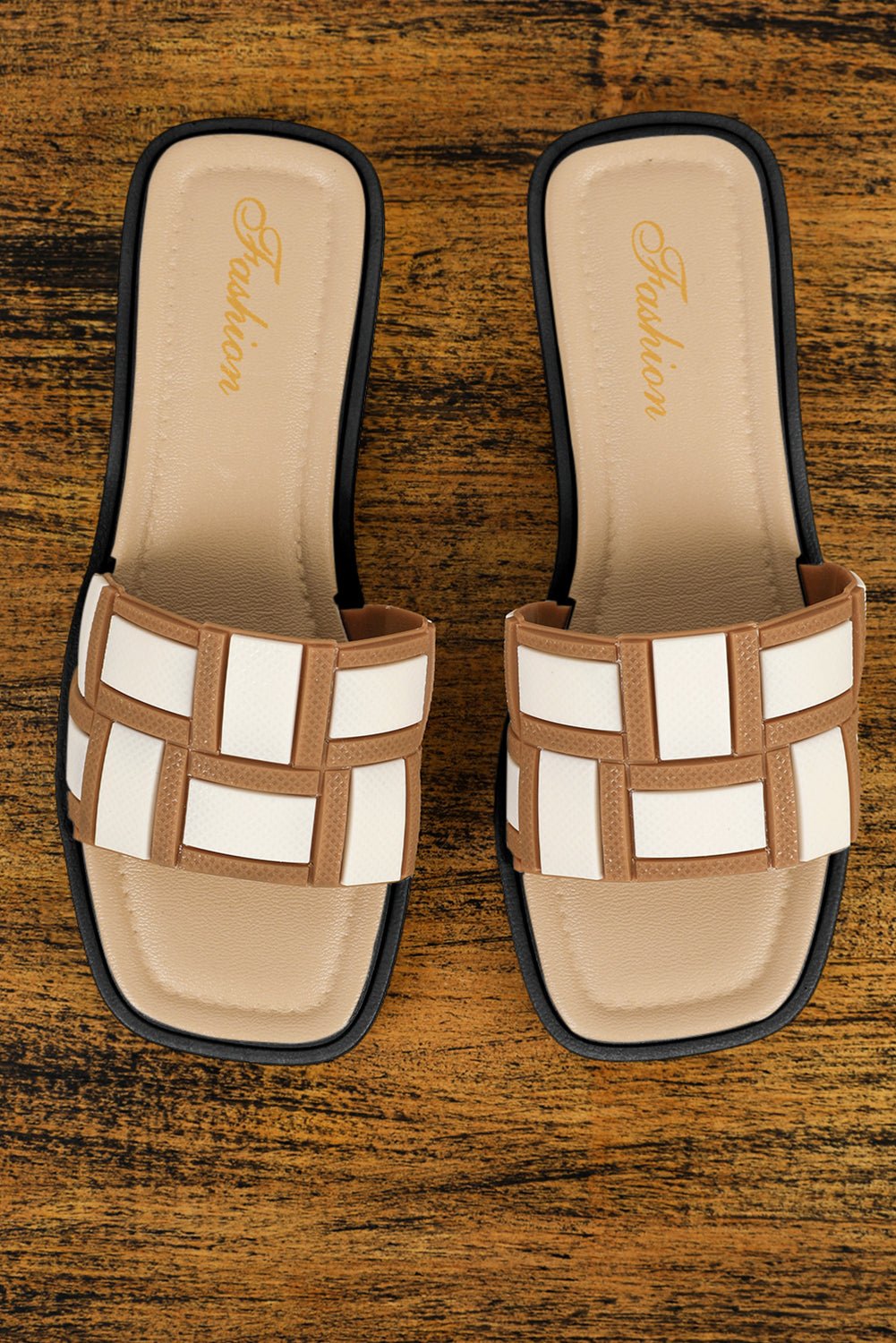 Beige Contrast PU Leather Square Toe Slides Shoes - Hero 'n Siren