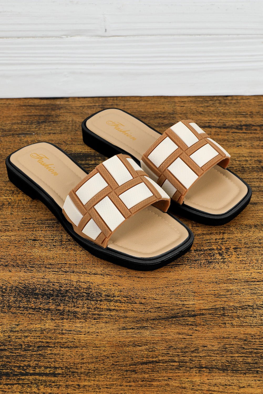 Beige Contrast PU Leather Square Toe Slides Shoes - Hero 'n Siren