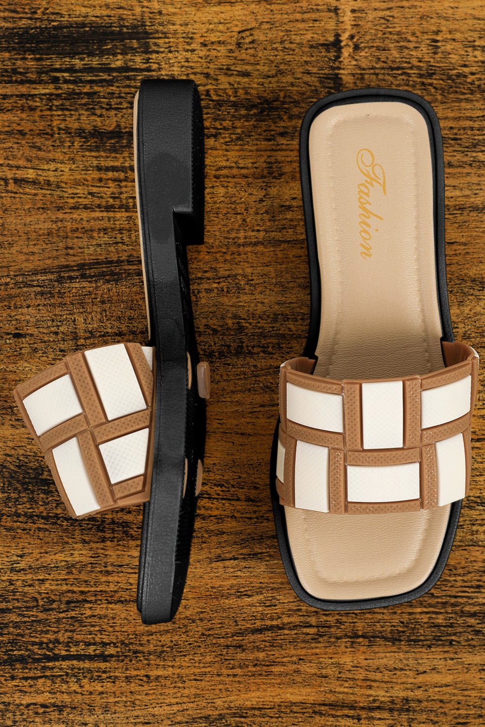 Beige Contrast PU Leather Square Toe Slides Shoes - Hero 'n Siren