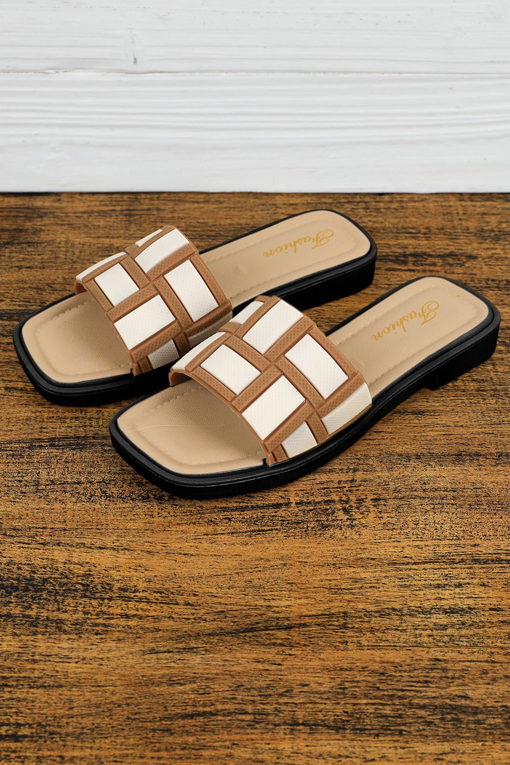 Beige Contrast PU Leather Square Toe Slides Shoes - Hero 'n Siren