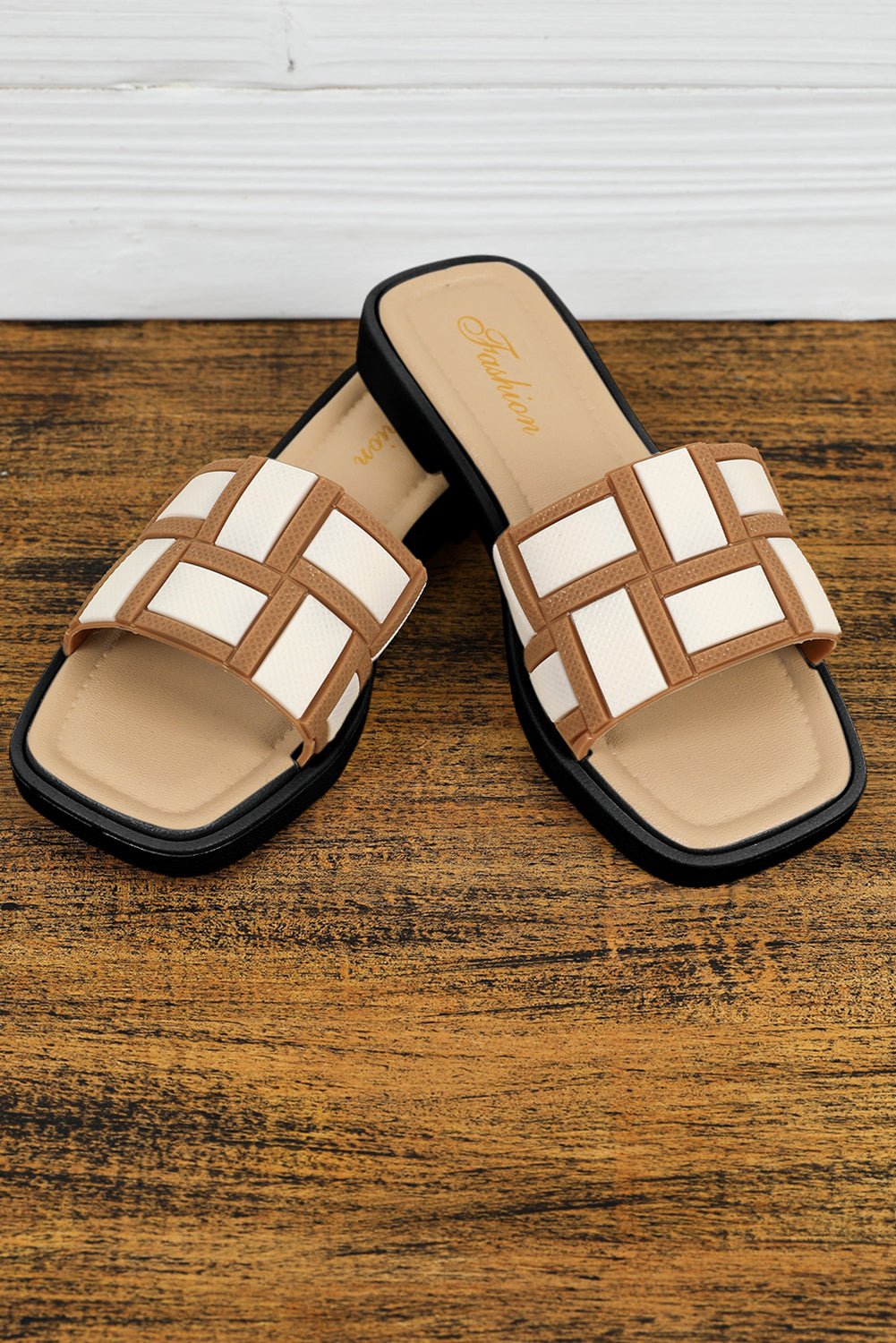 Beige Contrast PU Leather Square Toe Slides Shoes - Hero 'n Siren