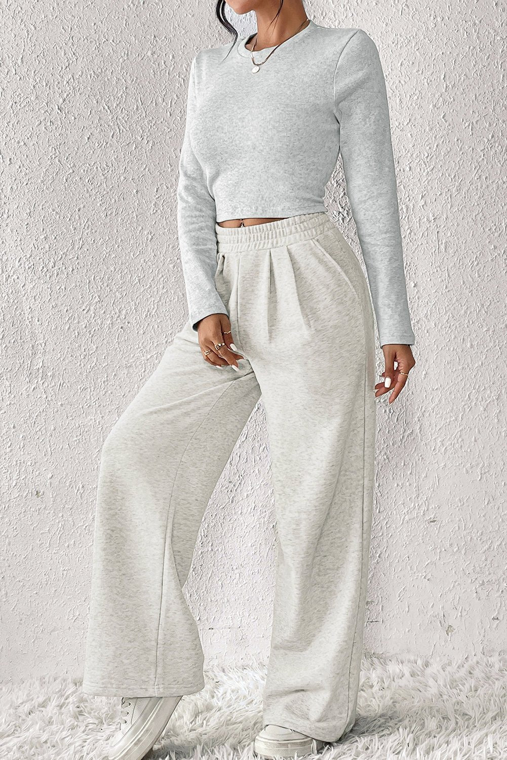 Beige Slim Fit Crop Top and Wide Leg Pants Set - Hero 'n Siren