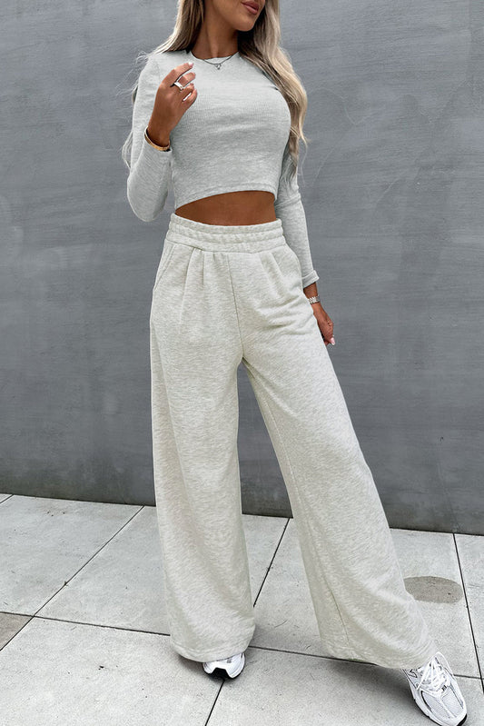 Beige Slim Fit Crop Top and Wide Leg Pants Set - Hero 'n Siren