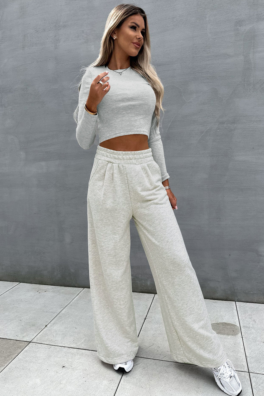 Beige Slim Fit Crop Top and Wide Leg Pants Set - Hero 'n Siren