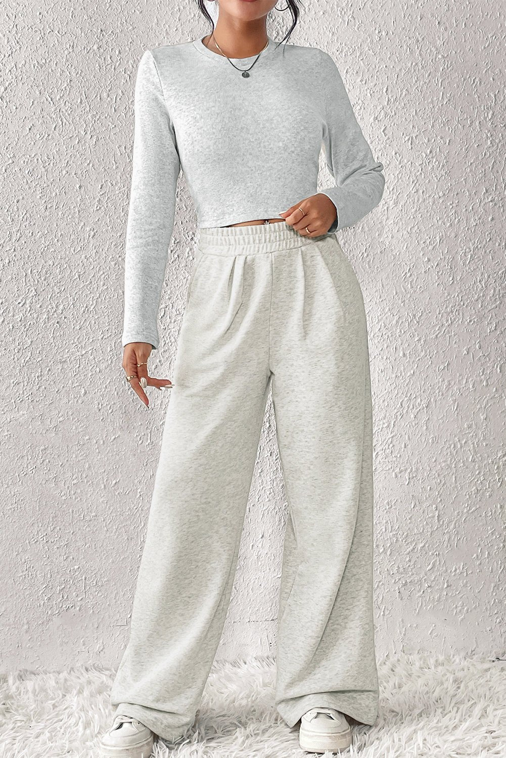 Beige Slim Fit Crop Top and Wide Leg Pants Set - Hero 'n Siren