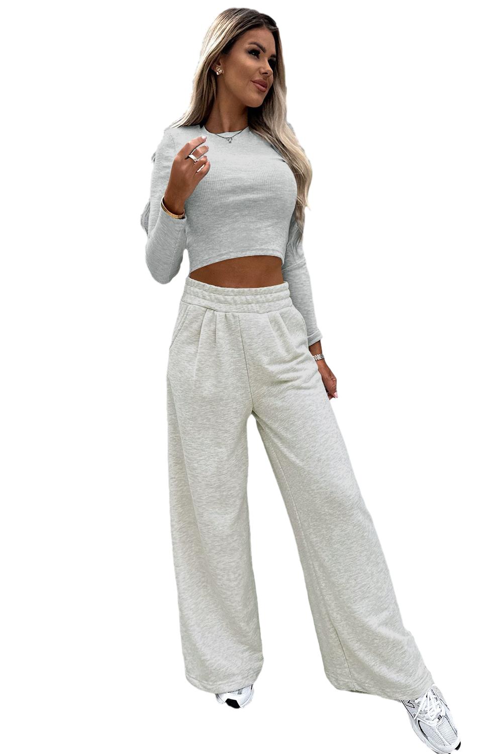 Beige Slim Fit Crop Top and Wide Leg Pants Set - Hero 'n Siren