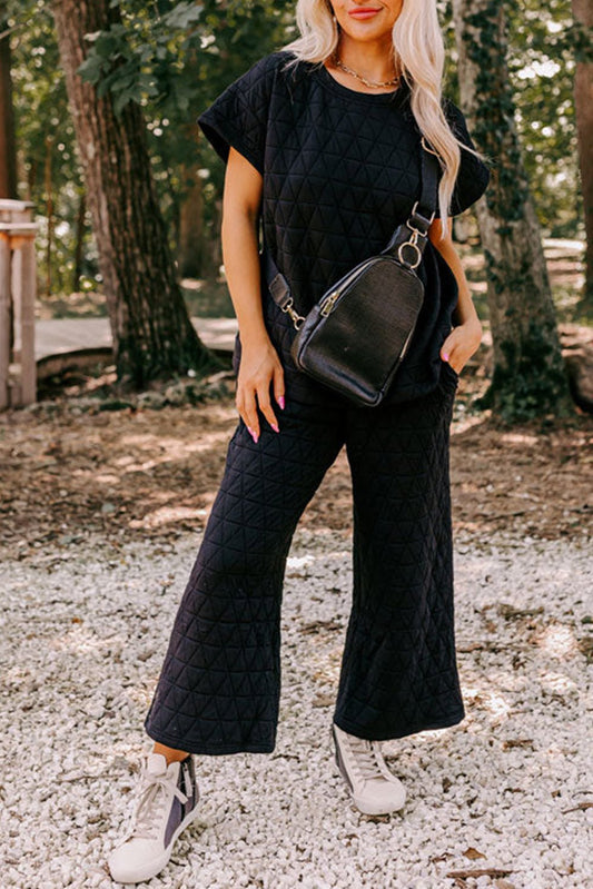 Black Quilted Textured Short Sleeve Top and Wide Leg Pants Set - Hero 'n Siren