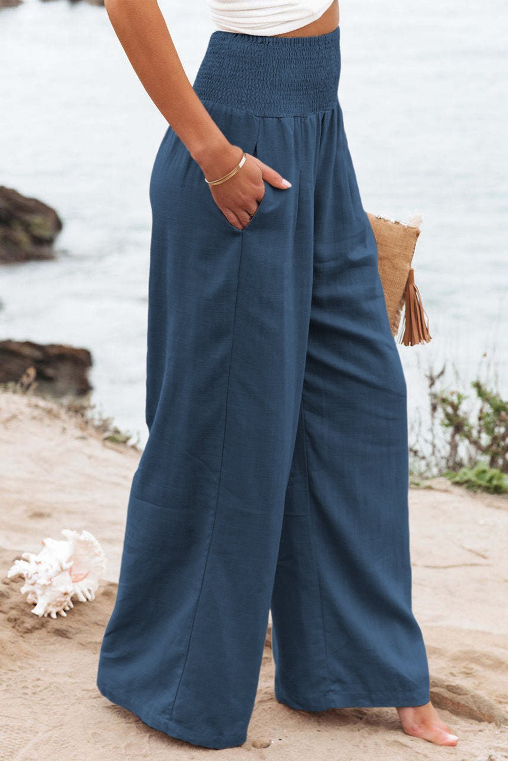 Brown Smocked Wide Waistband High Waist Wide Leg Pants - Hero 'n Siren