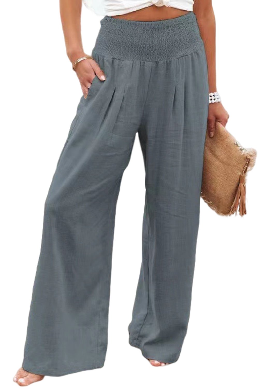 Brown Smocked Wide Waistband High Waist Wide Leg Pants - Hero 'n Siren