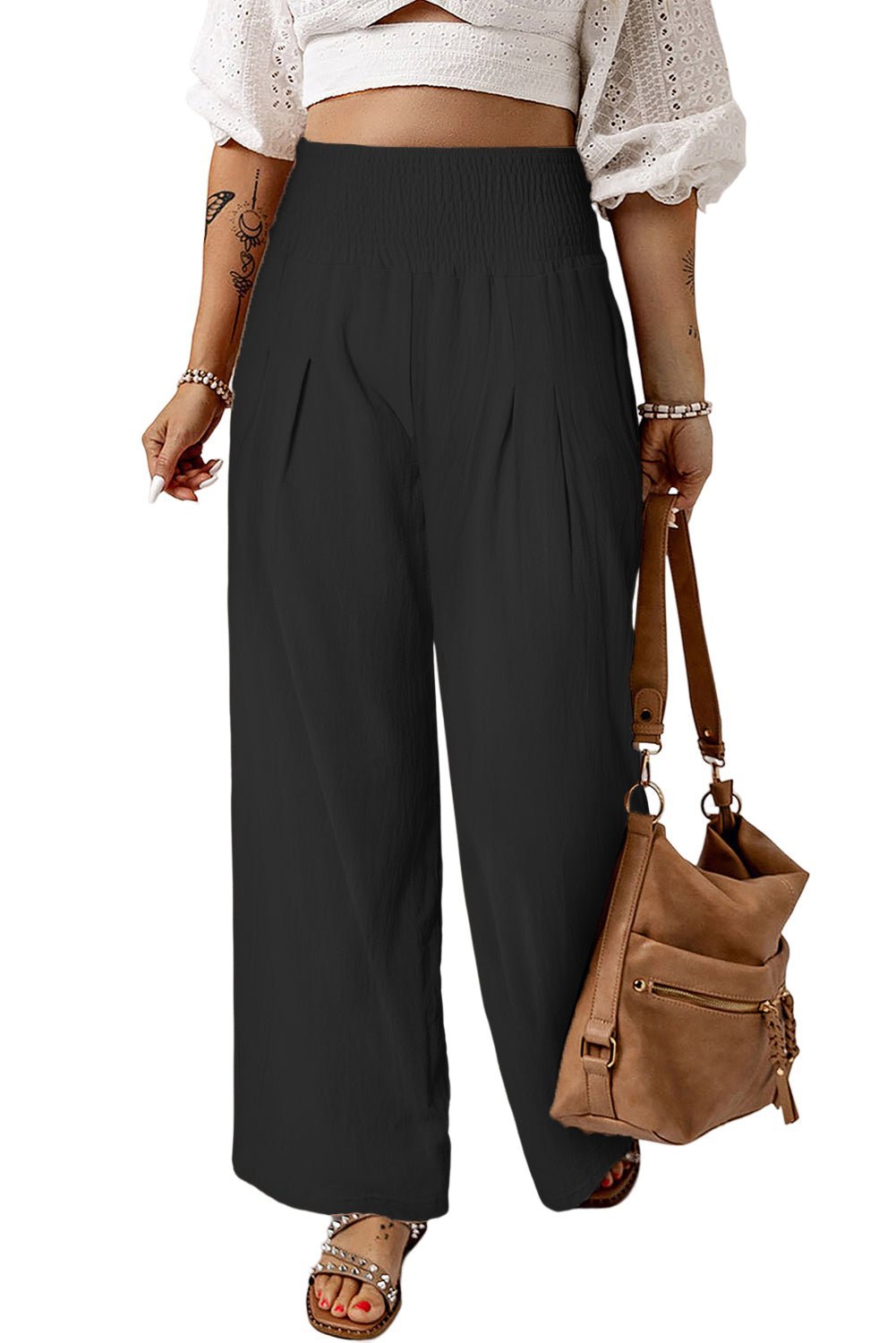 Brown Smocked Wide Waistband High Waist Wide Leg Pants - Hero 'n Siren