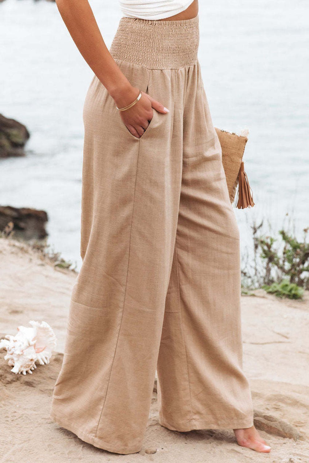 Brown Smocked Wide Waistband High Waist Wide Leg Pants - Hero 'n Siren