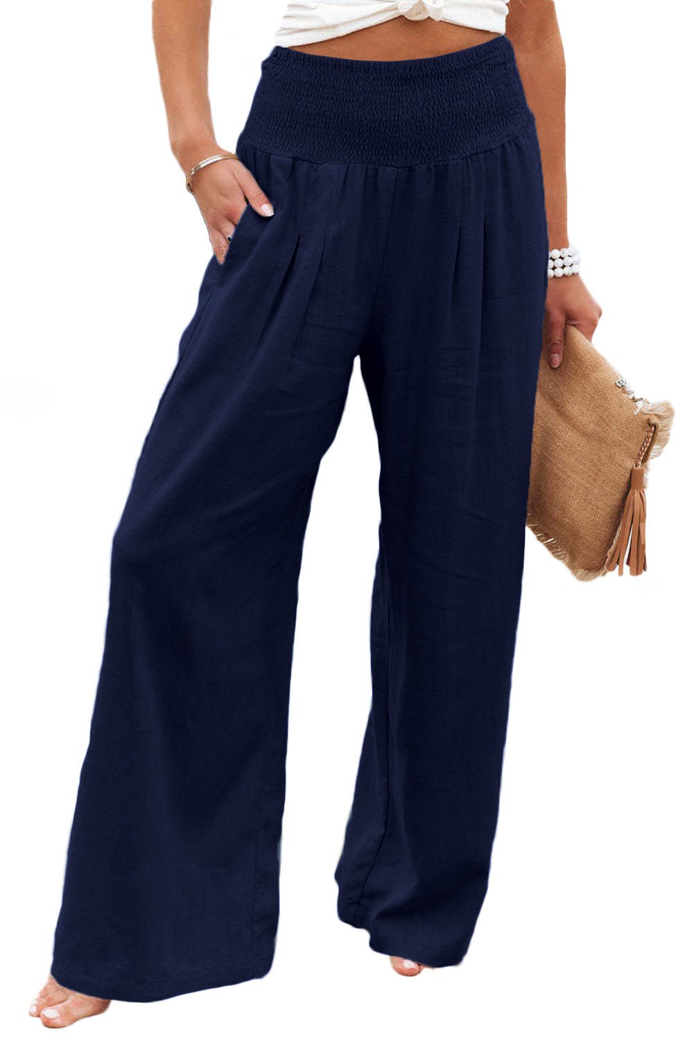 Brown Smocked Wide Waistband High Waist Wide Leg Pants - Hero 'n Siren