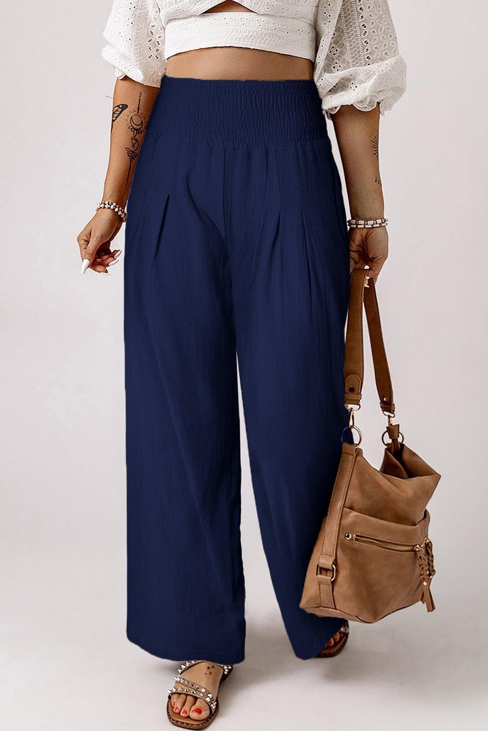 Brown Smocked Wide Waistband High Waist Wide Leg Pants - Hero 'n Siren