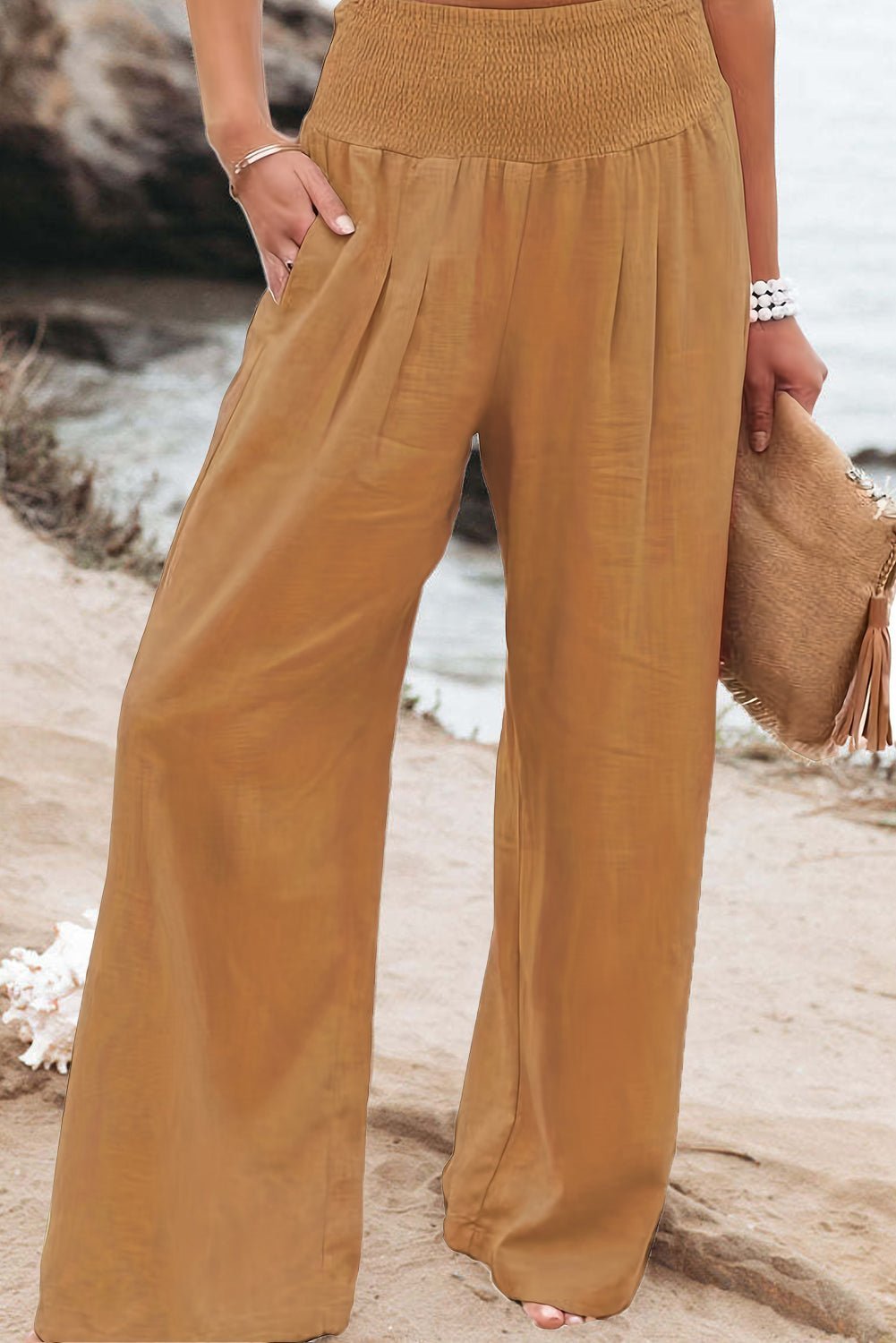 Brown Smocked Wide Waistband High Waist Wide Leg Pants - Hero 'n Siren