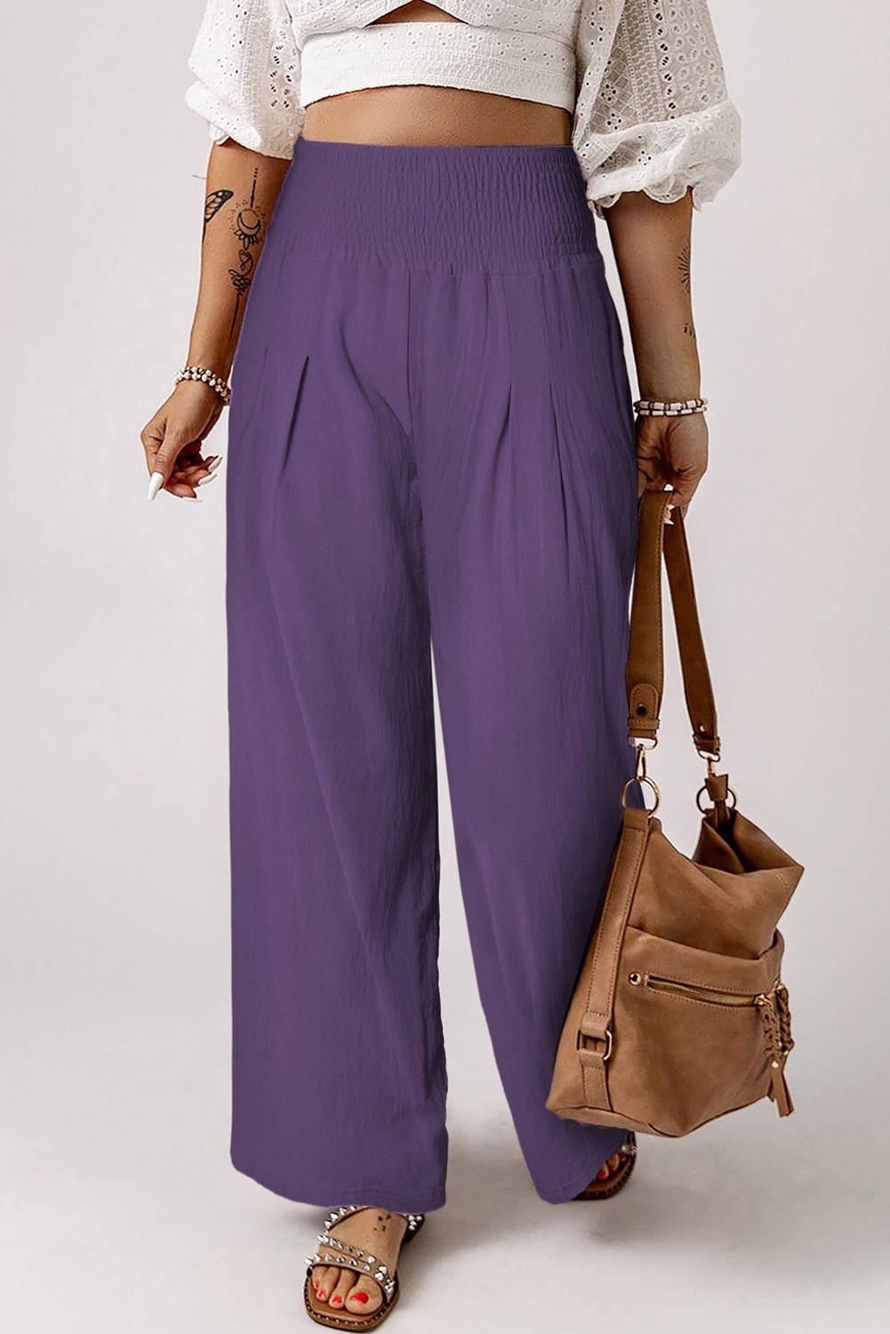 Brown Smocked Wide Waistband High Waist Wide Leg Pants - Hero 'n Siren