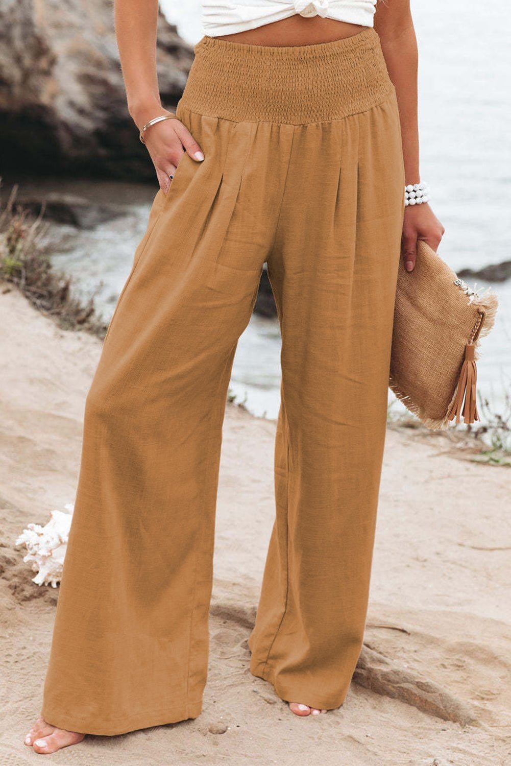 Brown Smocked Wide Waistband High Waist Wide Leg Pants - Hero 'n Siren