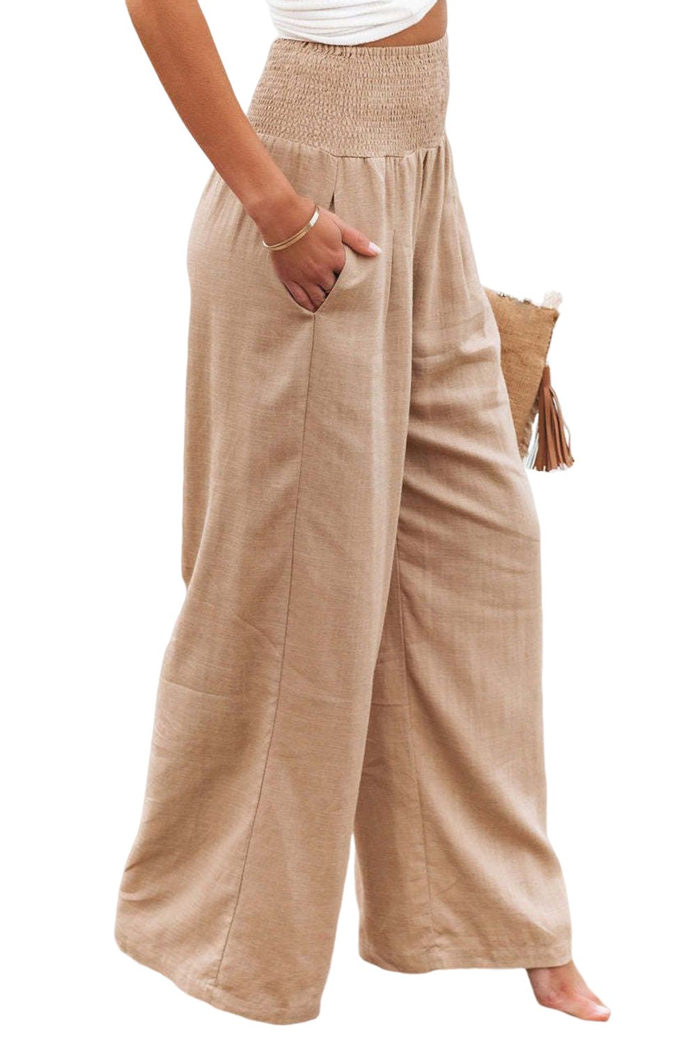 Brown Smocked Wide Waistband High Waist Wide Leg Pants - Hero 'n Siren