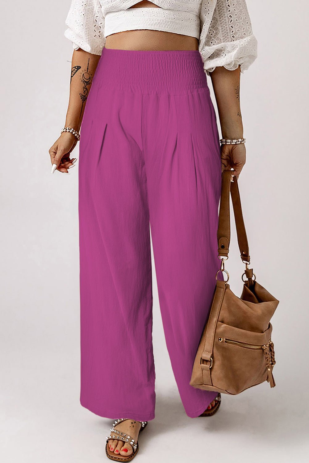 Brown Smocked Wide Waistband High Waist Wide Leg Pants - Hero 'n Siren