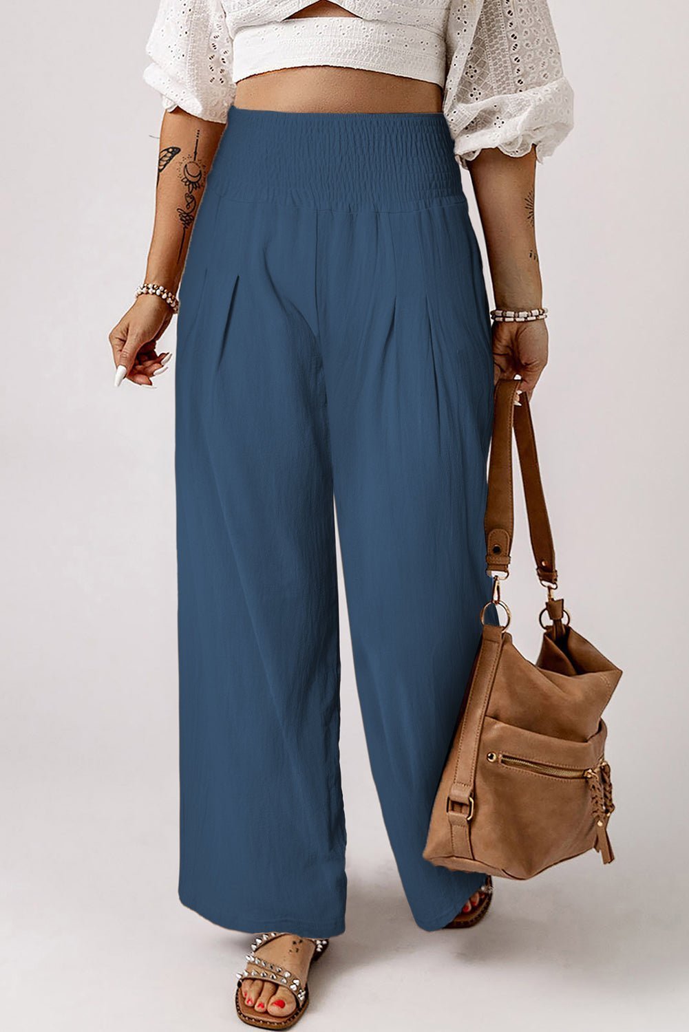 Brown Smocked Wide Waistband High Waist Wide Leg Pants - Hero 'n Siren