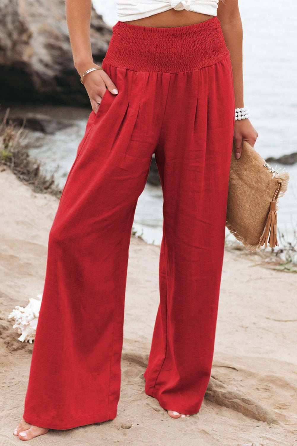 Brown Smocked Wide Waistband High Waist Wide Leg Pants - Hero 'n Siren