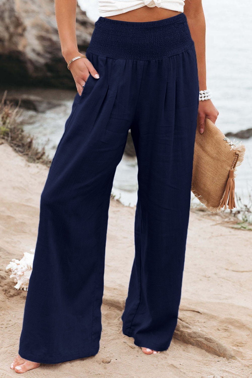 Brown Smocked Wide Waistband High Waist Wide Leg Pants - Hero 'n Siren