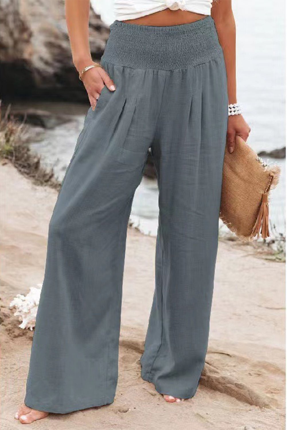 Brown Smocked Wide Waistband High Waist Wide Leg Pants - Hero 'n Siren