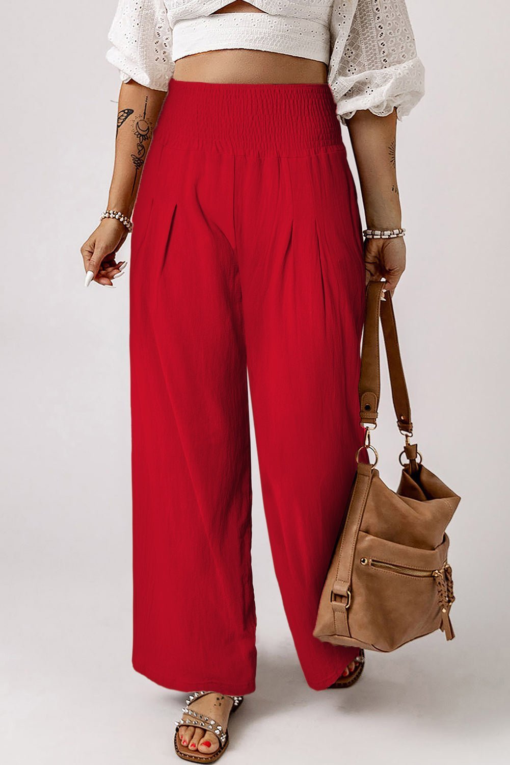 Brown Smocked Wide Waistband High Waist Wide Leg Pants - Hero 'n Siren