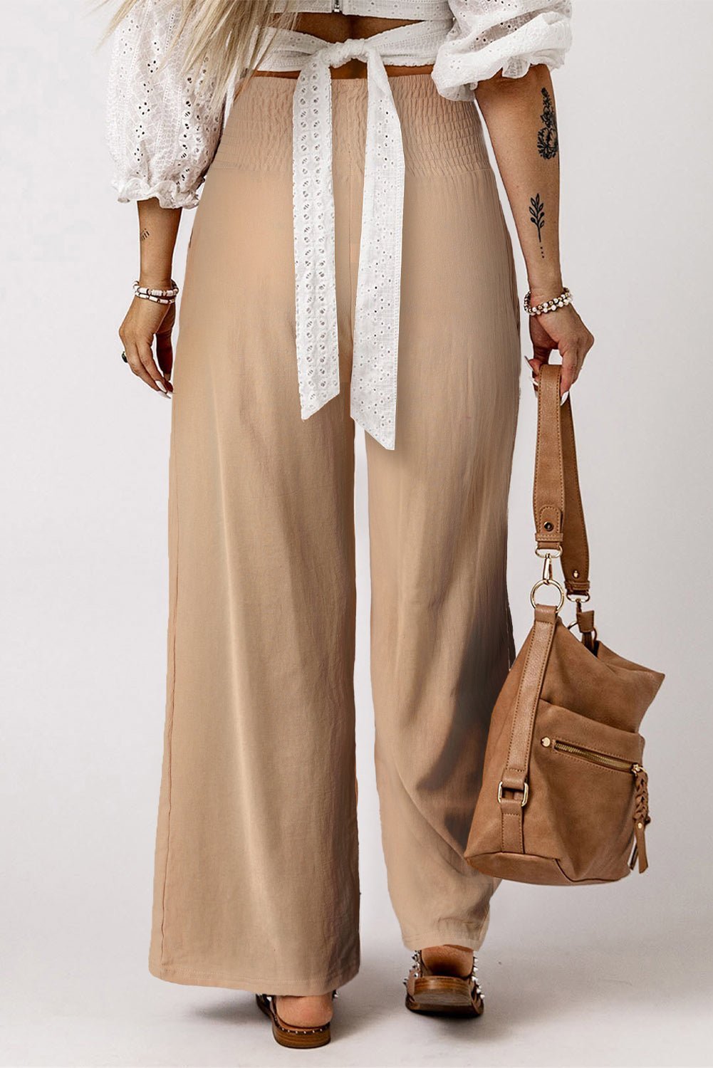 Brown Smocked Wide Waistband High Waist Wide Leg Pants - Hero 'n Siren