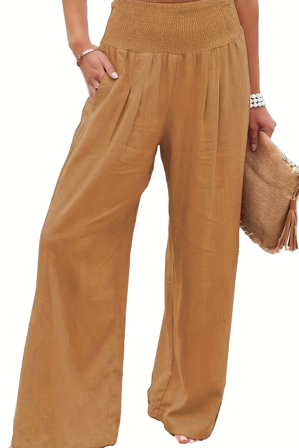 Brown Smocked Wide Waistband High Waist Wide Leg Pants - Hero 'n Siren