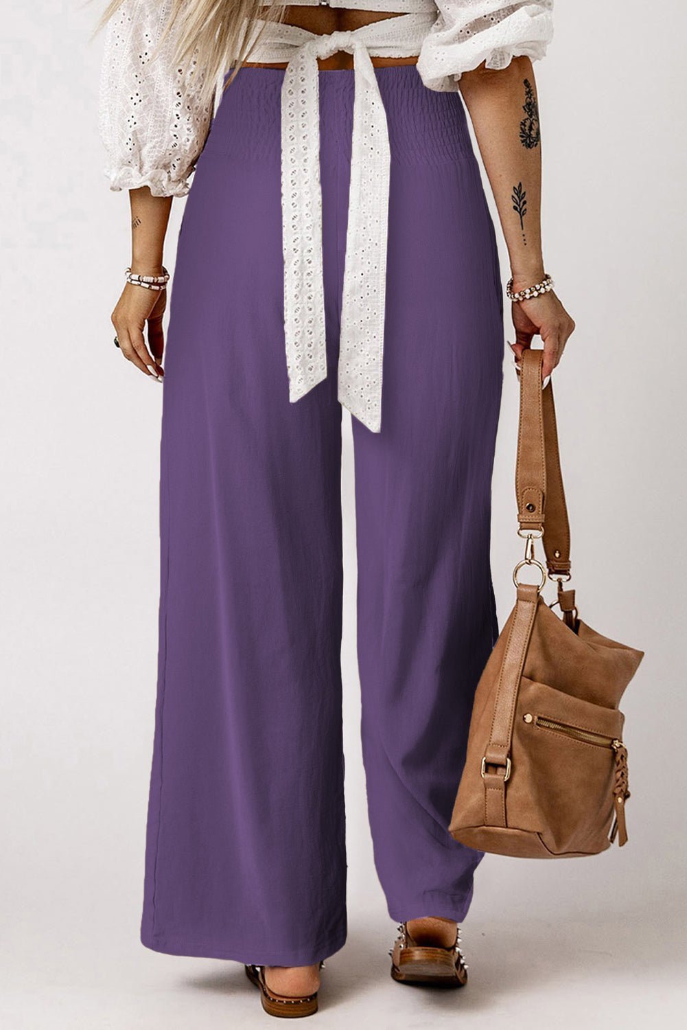 Brown Smocked Wide Waistband High Waist Wide Leg Pants - Hero 'n Siren