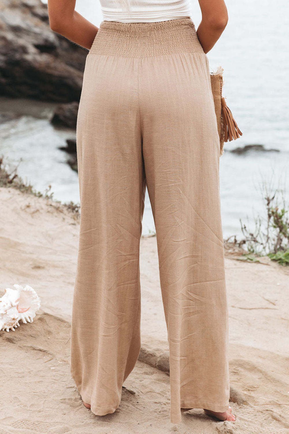 Brown Smocked Wide Waistband High Waist Wide Leg Pants - Hero 'n Siren