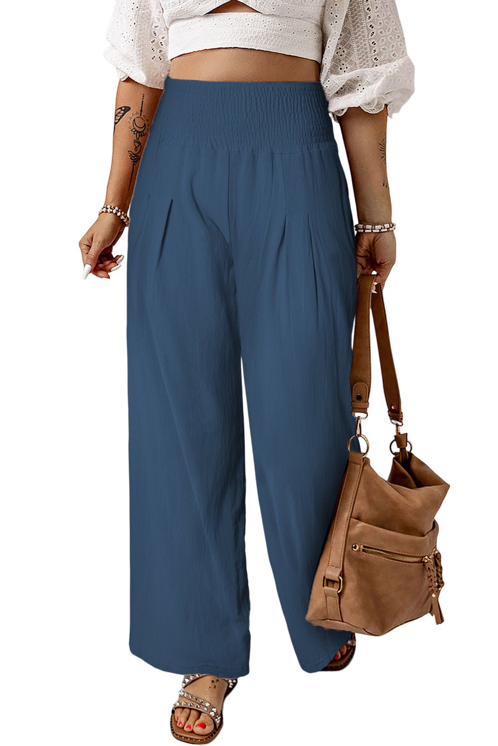 Brown Smocked Wide Waistband High Waist Wide Leg Pants - Hero 'n Siren