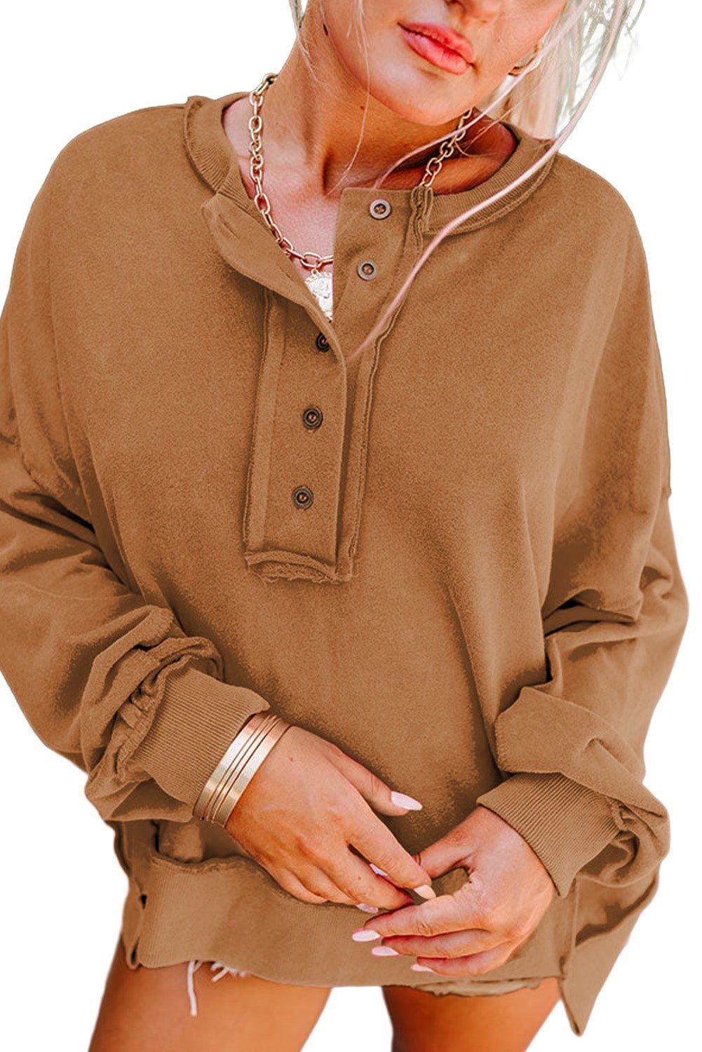 Chestnut Slouchy Drop Shoulder Henley Sweatshirt - Hero 'n Siren