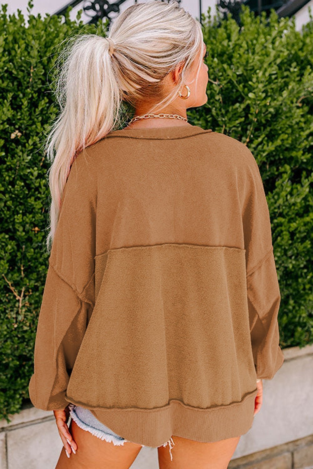 Chestnut Slouchy Drop Shoulder Henley Sweatshirt - Hero 'n Siren