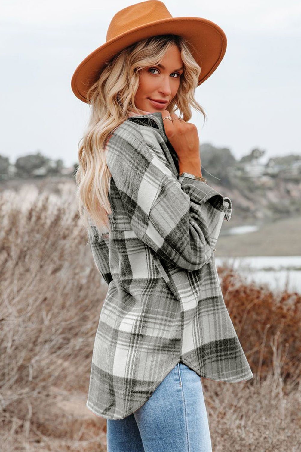 Gold Flame & Grey Plaid Button Up Collared Flannel Shacket - Hero 'n Siren