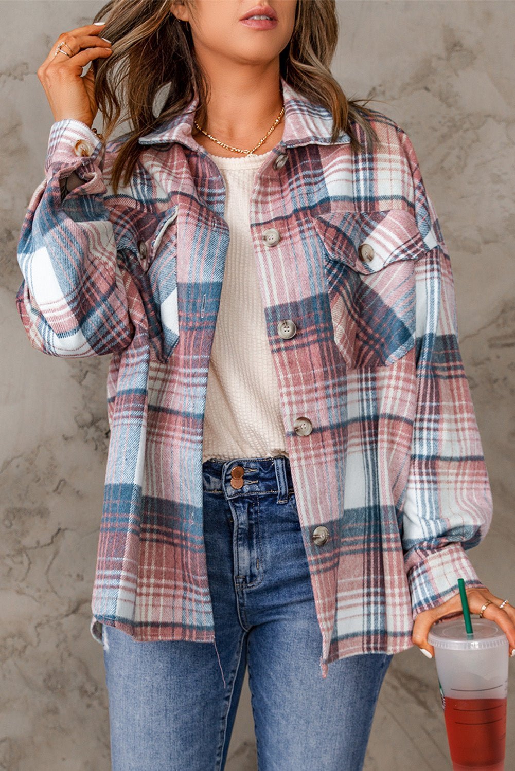 Gold Flame & Grey Plaid Button Up Collared Flannel Shacket - Hero 'n Siren