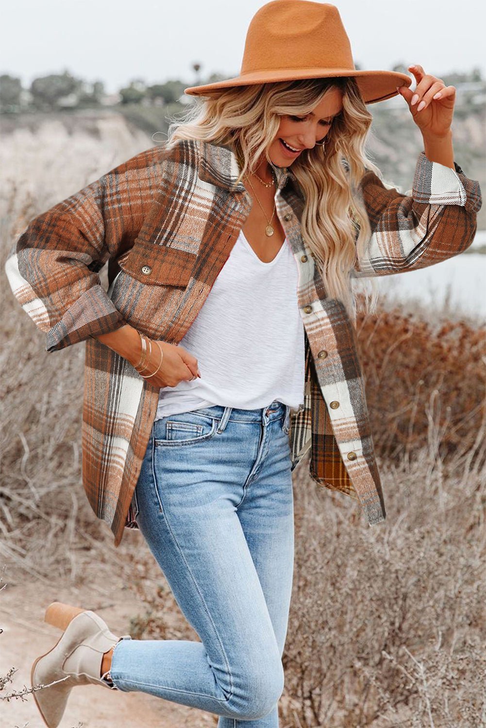 Gold Flame & Grey Plaid Button Up Collared Flannel Shacket - Hero 'n Siren