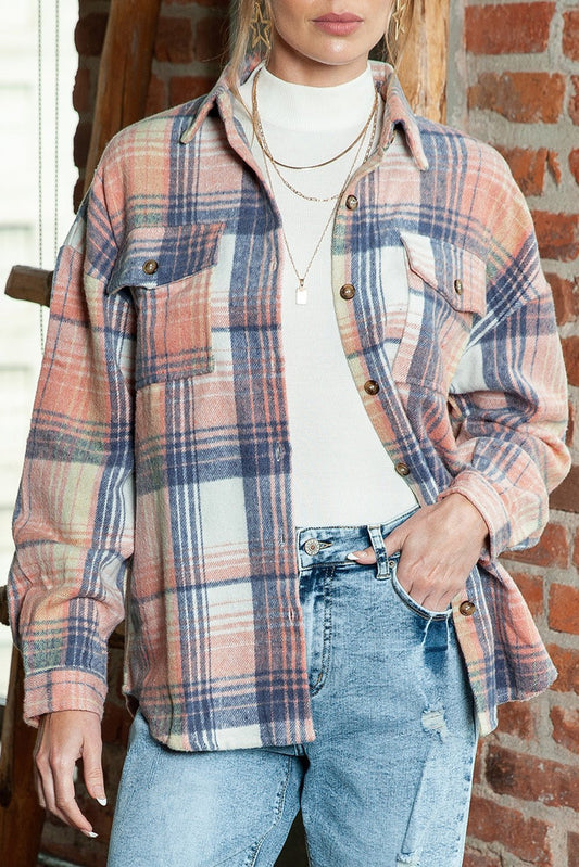 Gold Flame & Grey Plaid Button Up Collared Flannel Shacket - Hero 'n Siren