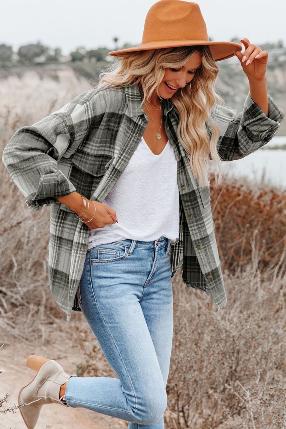 Gold Flame & Grey Plaid Button Up Collared Flannel Shacket - Hero 'n Siren