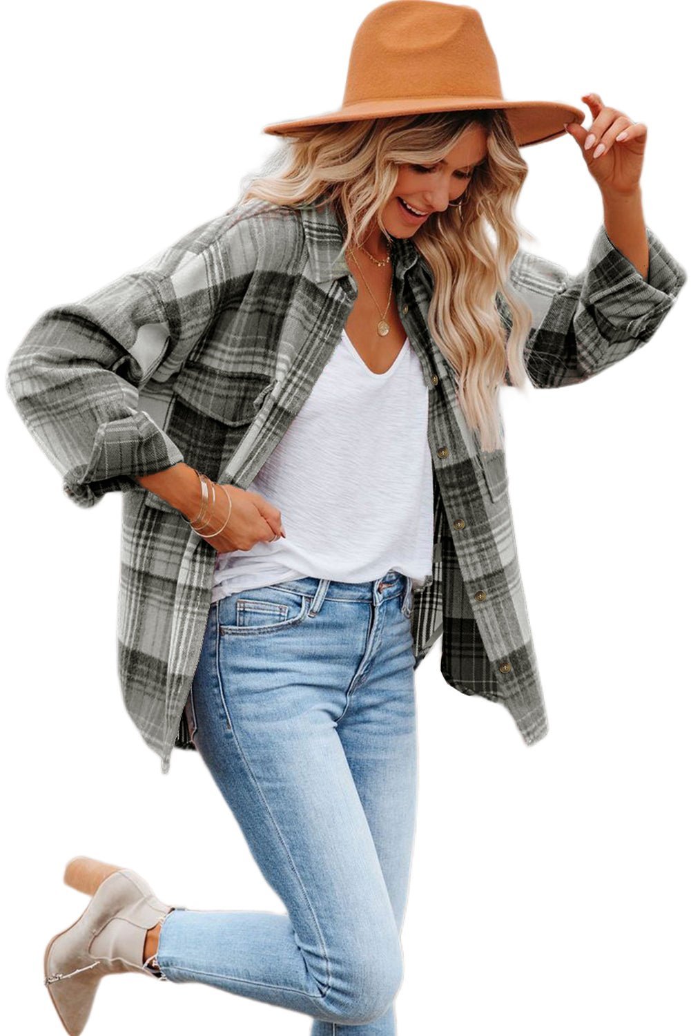 Gold Flame & Grey Plaid Button Up Collared Flannel Shacket - Hero 'n Siren