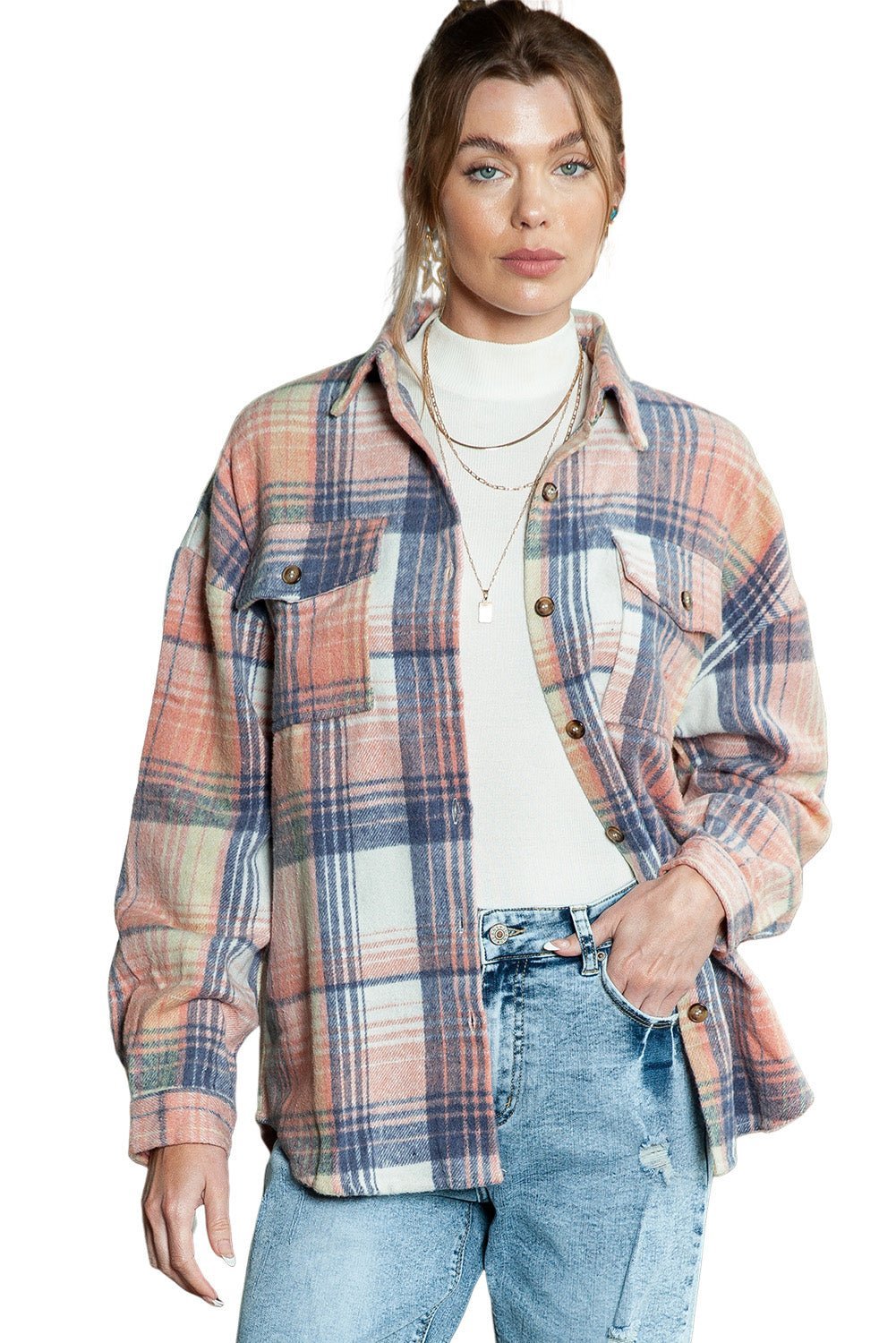 Gold Flame & Grey Plaid Button Up Collared Flannel Shacket - Hero 'n Siren