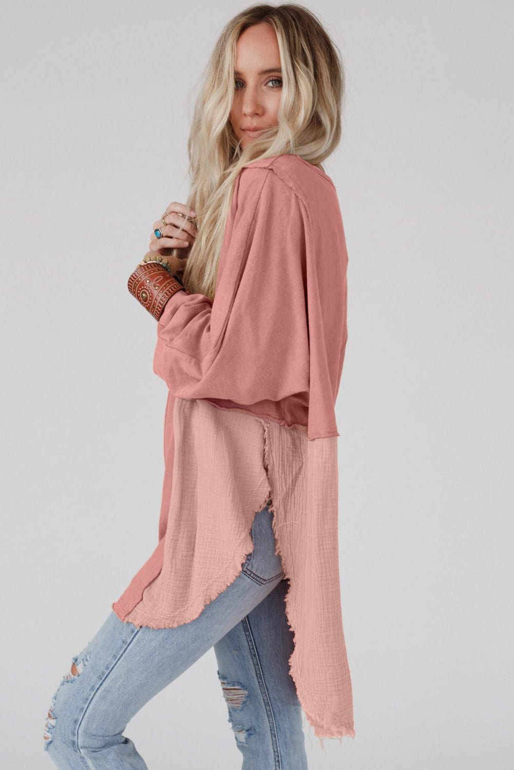 Khaki Crinkled Patchwork Raw Hem Oversized Blouse - Hero 'n Siren