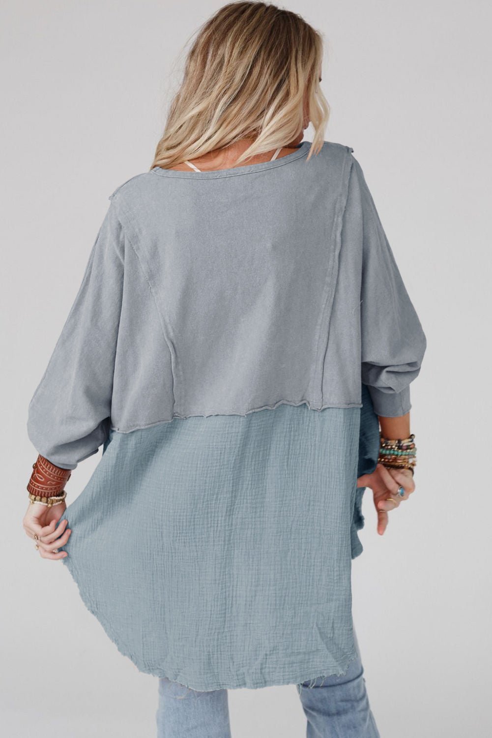 Khaki Crinkled Patchwork Raw Hem Oversized Blouse - Hero 'n Siren