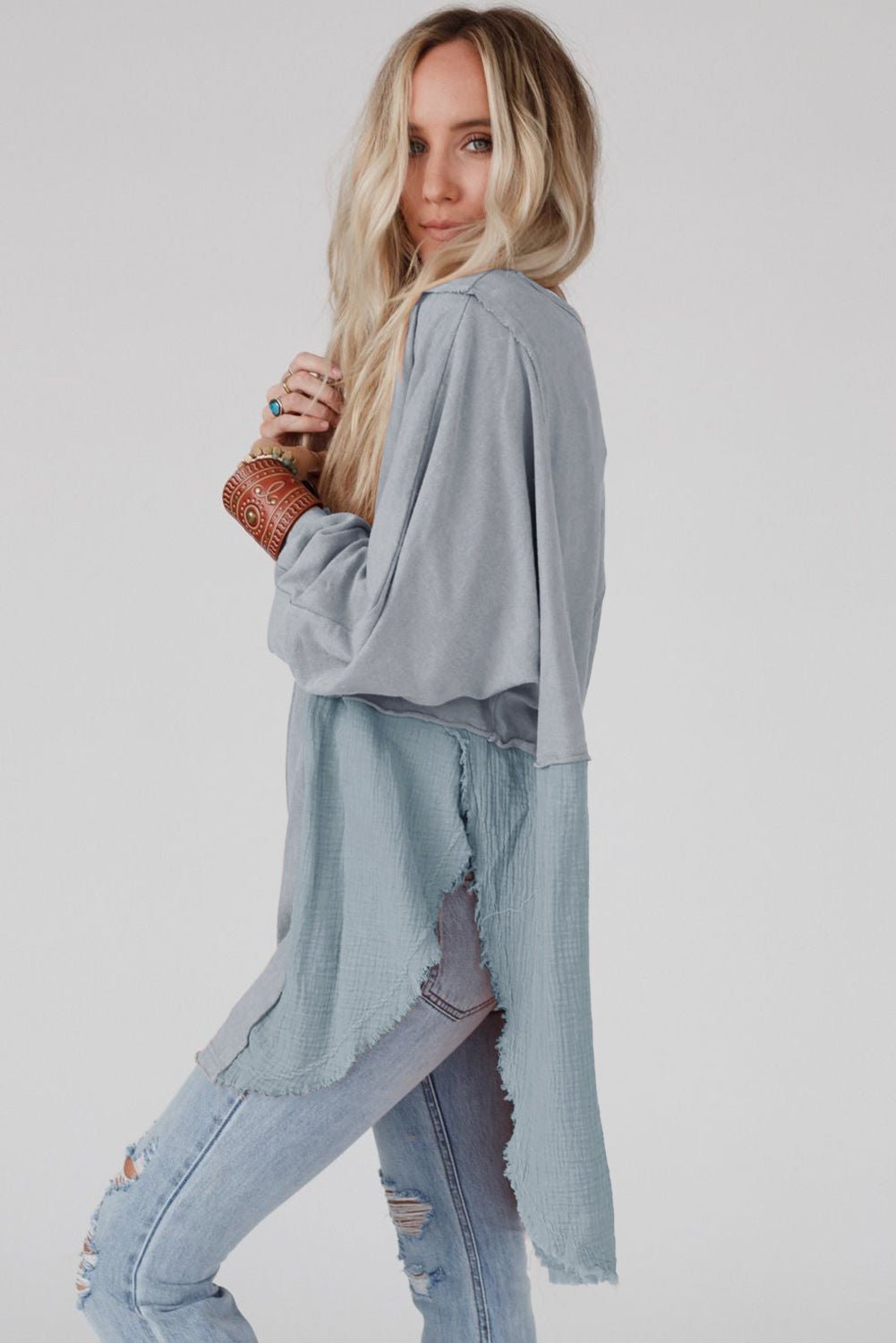 Khaki Crinkled Patchwork Raw Hem Oversized Blouse - Hero 'n Siren