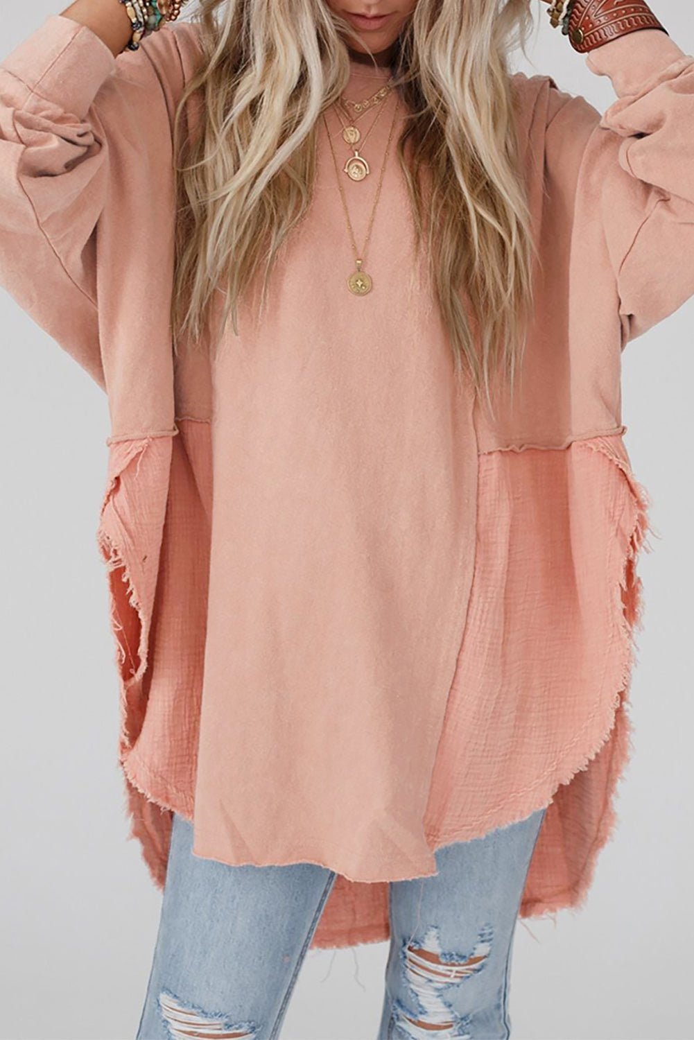 Khaki Crinkled Patchwork Raw Hem Oversized Blouse - Hero 'n Siren