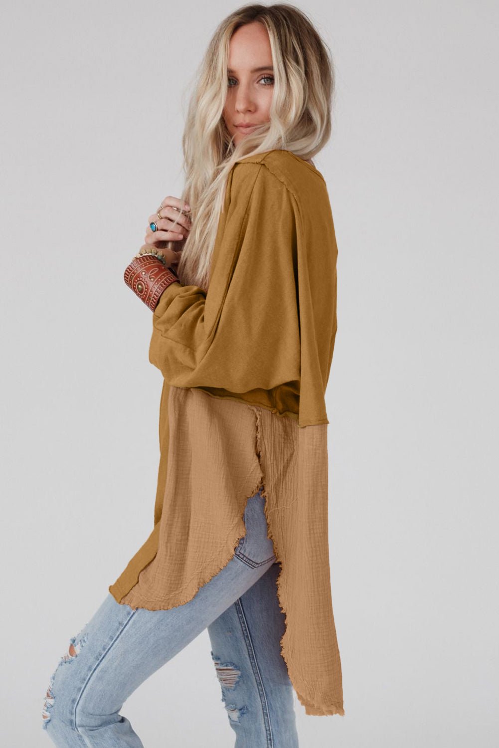 Khaki Crinkled Patchwork Raw Hem Oversized Blouse - Hero 'n Siren