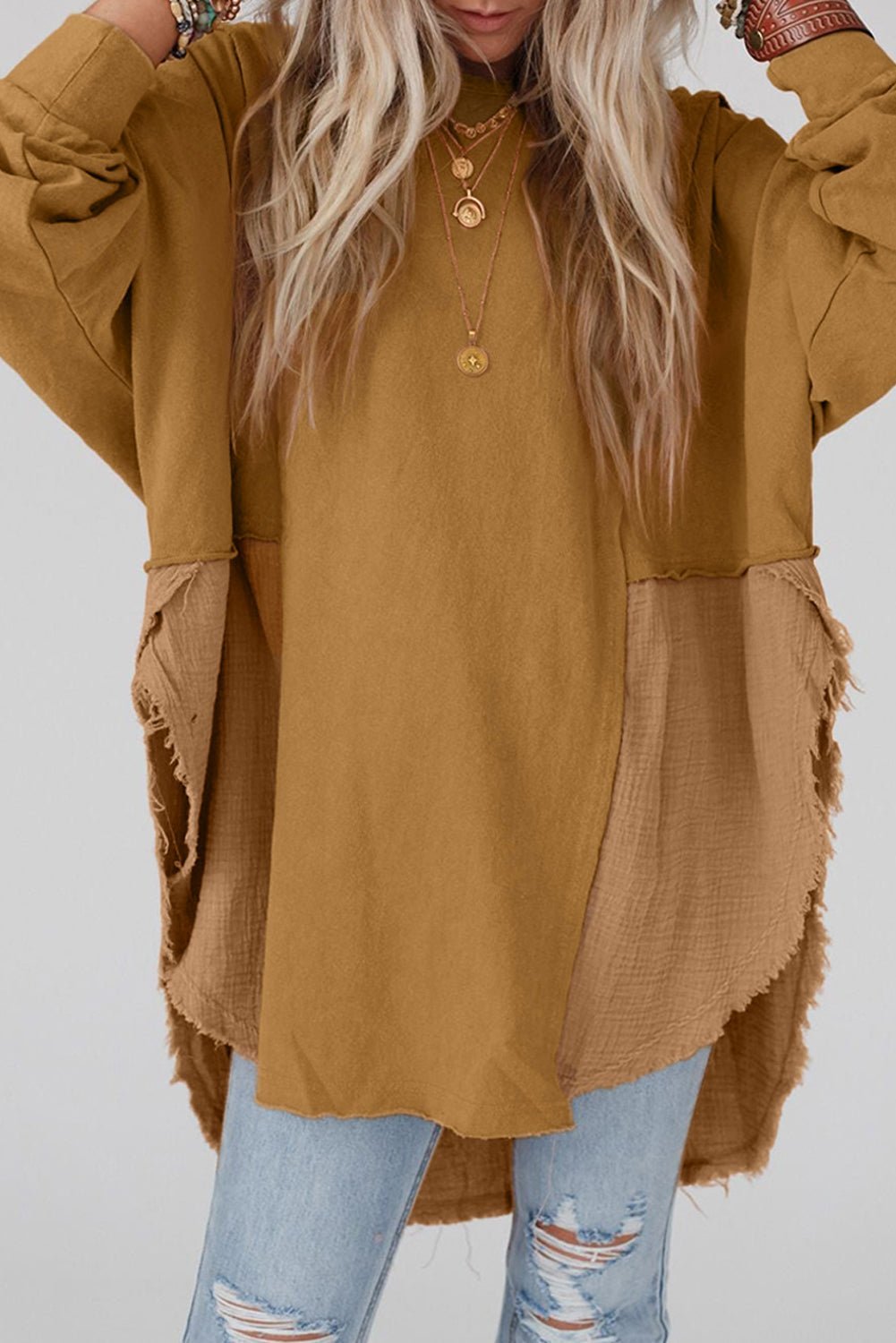 Khaki Crinkled Patchwork Raw Hem Oversized Blouse - Hero 'n Siren