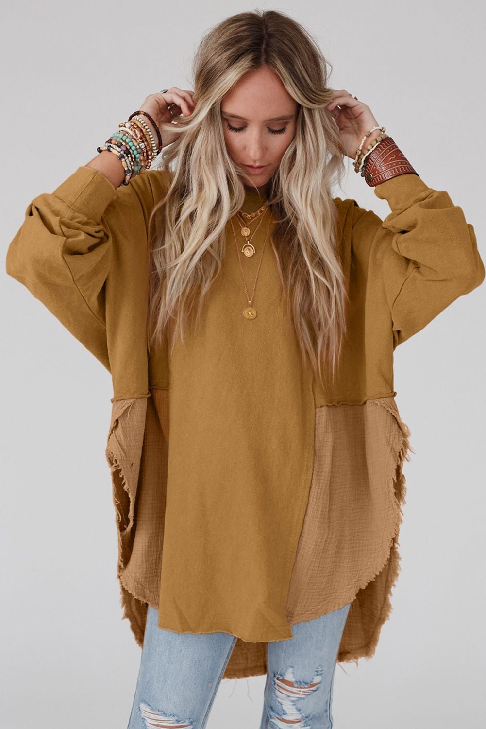 Khaki Crinkled Patchwork Raw Hem Oversized Blouse - Hero 'n Siren