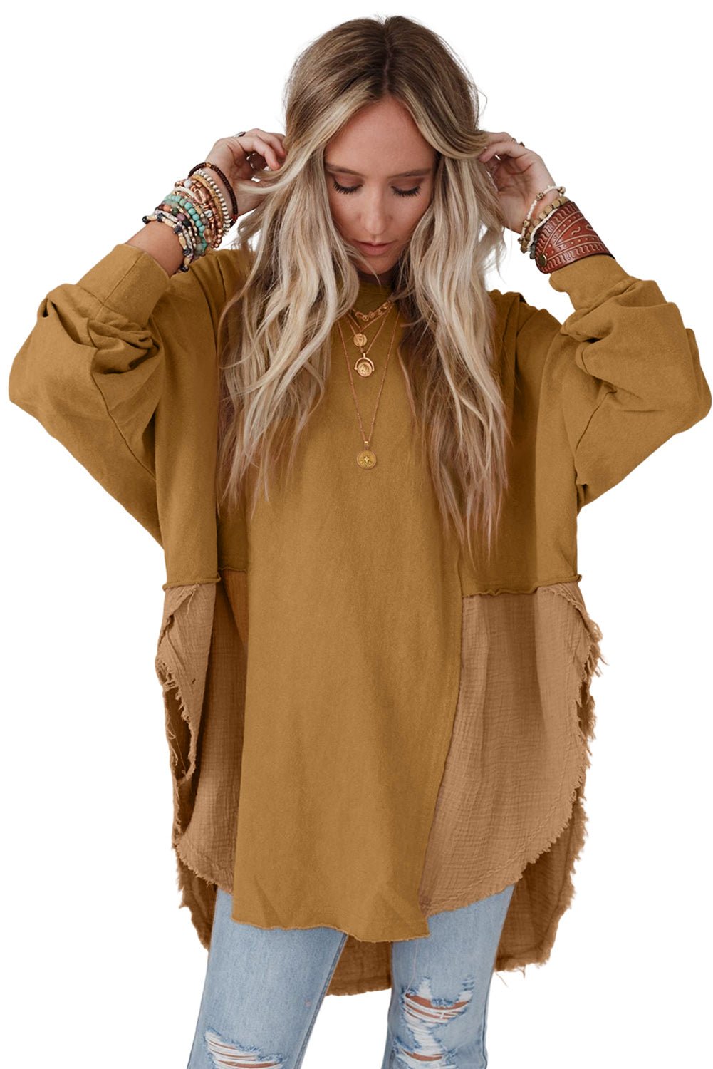 Khaki Crinkled Patchwork Raw Hem Oversized Blouse - Hero 'n Siren