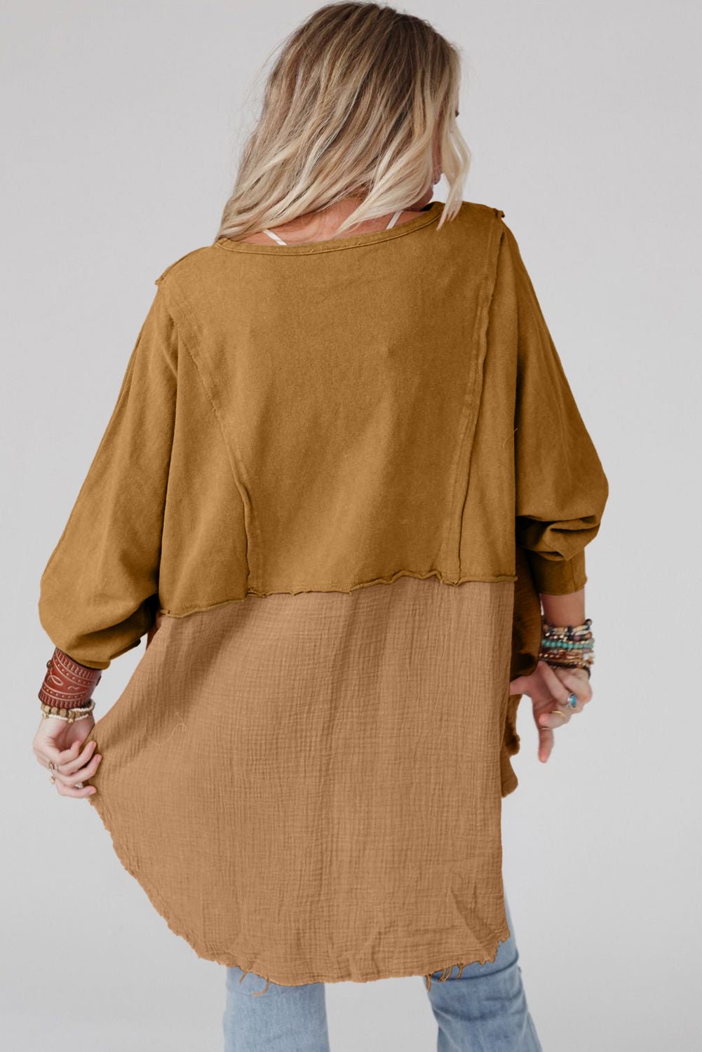 Khaki Crinkled Patchwork Raw Hem Oversized Blouse - Hero 'n Siren